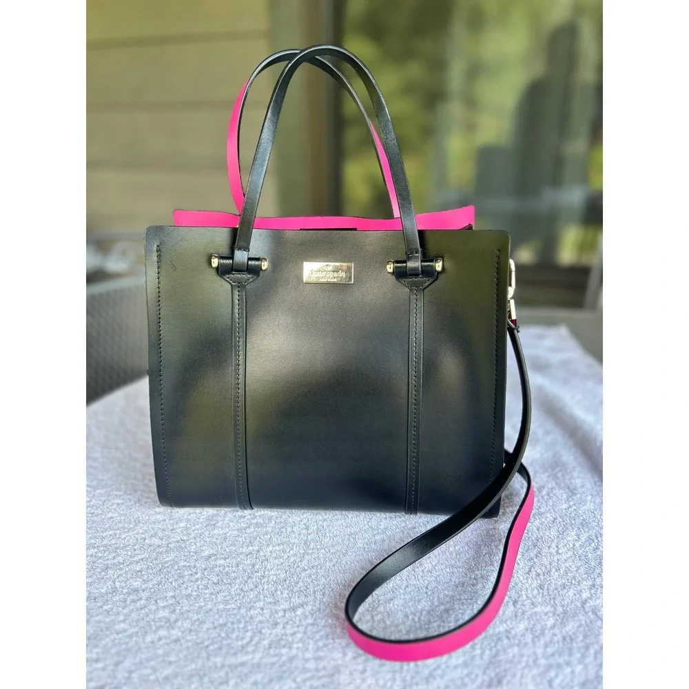 Kate Spade Arbour Hill Elodie Satchel Black Hot Pink Leather Crossbody Bag Lux